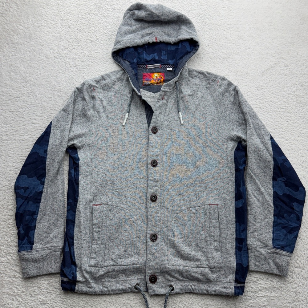 Robert Graham Mens Grey Camo Button Front Hoodie Jacket Classic Fit Medium